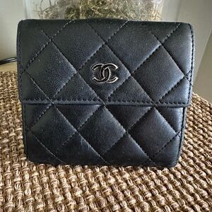 Chanel Lambskin Quilted W Hook Compact Wallet Black Leather Silver Hardware